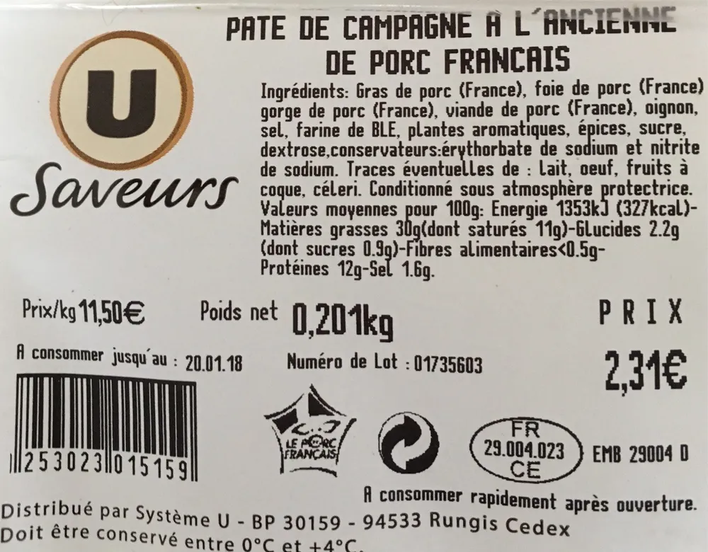 Pate de campagne a l'ancienne de porc francais