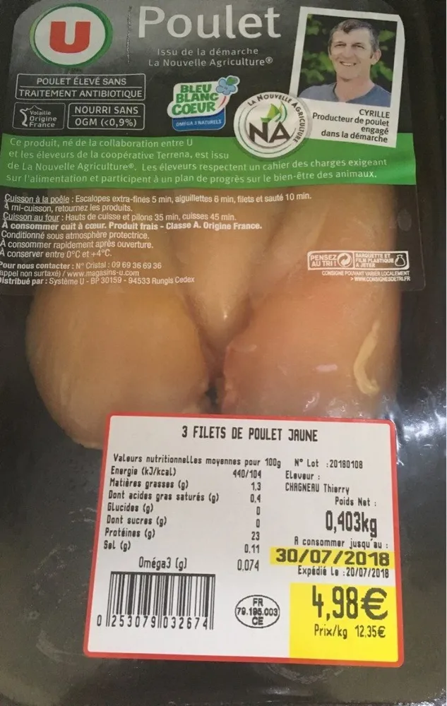 3 filets de poulet jaune