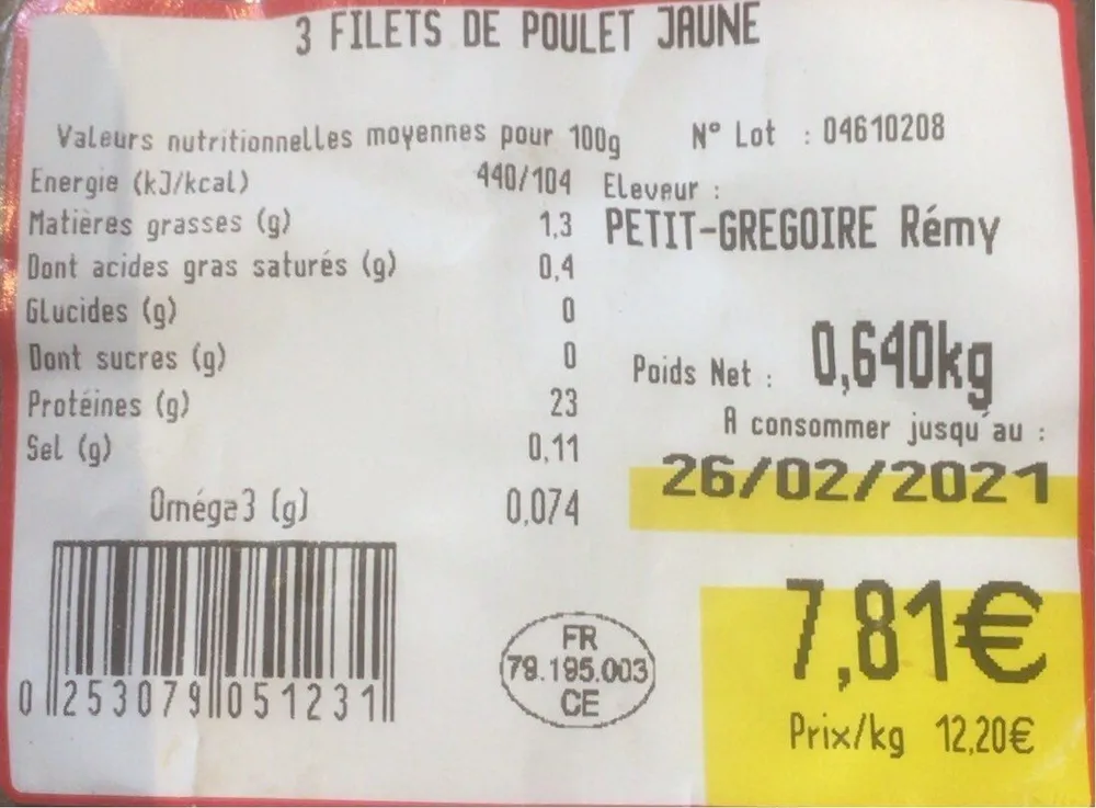 3 filets de poulet jaune