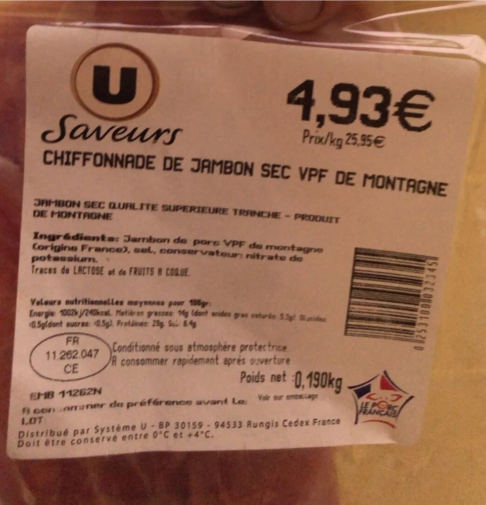 Chiffonnade de jambon sec VPF de montagne