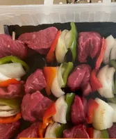Choice Beef Kabobs with Bell Peppers & Onions on wooden skewers