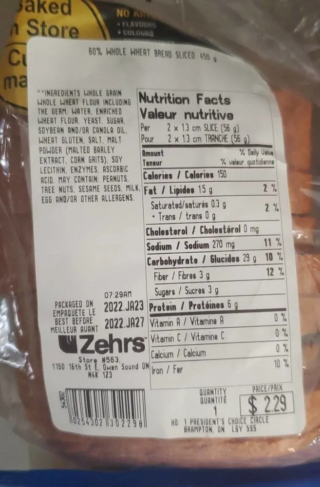 Baked in store whole wheat bread
