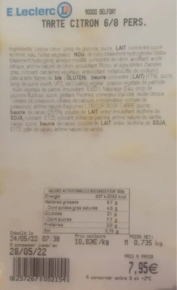 Tarte citron 6/8 pers