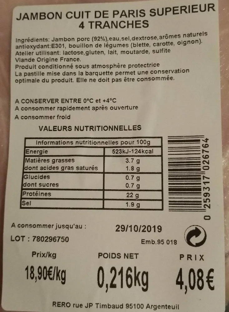 Jambon cuit de Paris supérieur