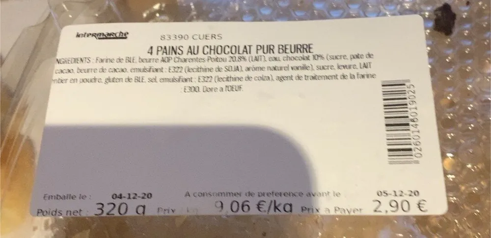 4 PAINS AU CHOCOLAT PUR BEURRE