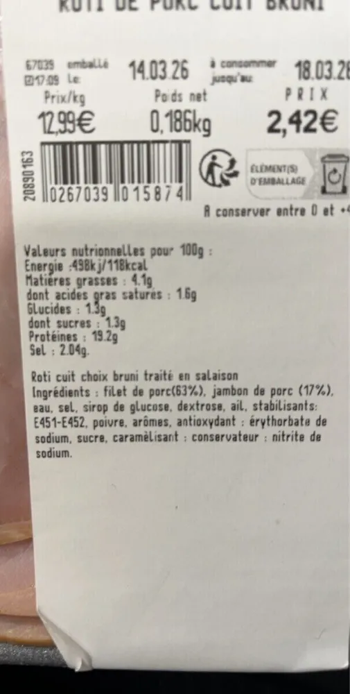 Rôti de porc, cuit,bruni