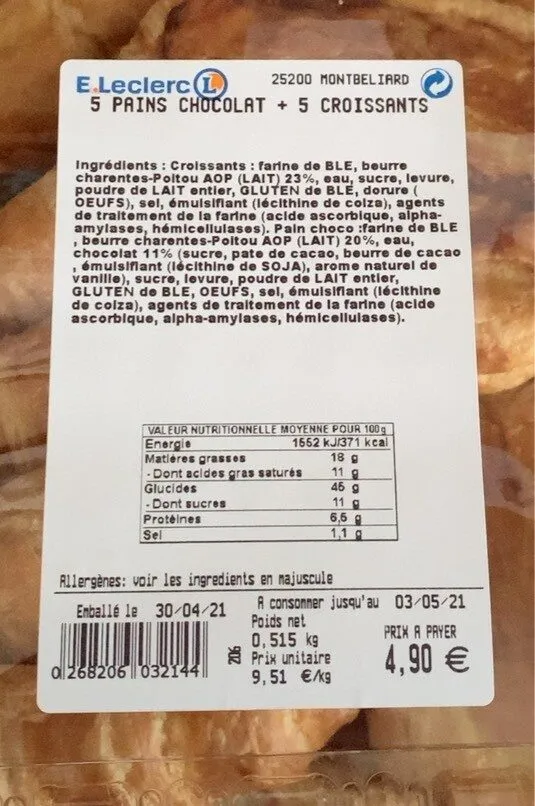 5 pains chocolats + 5 croissants
