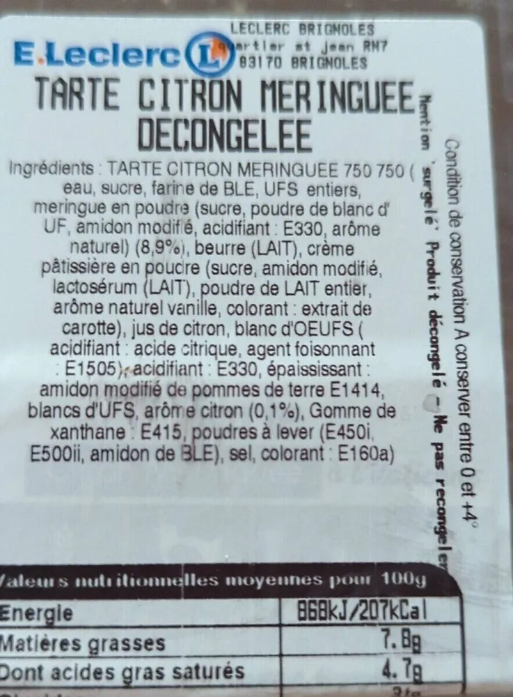 Tarte citron meringuée décongelée