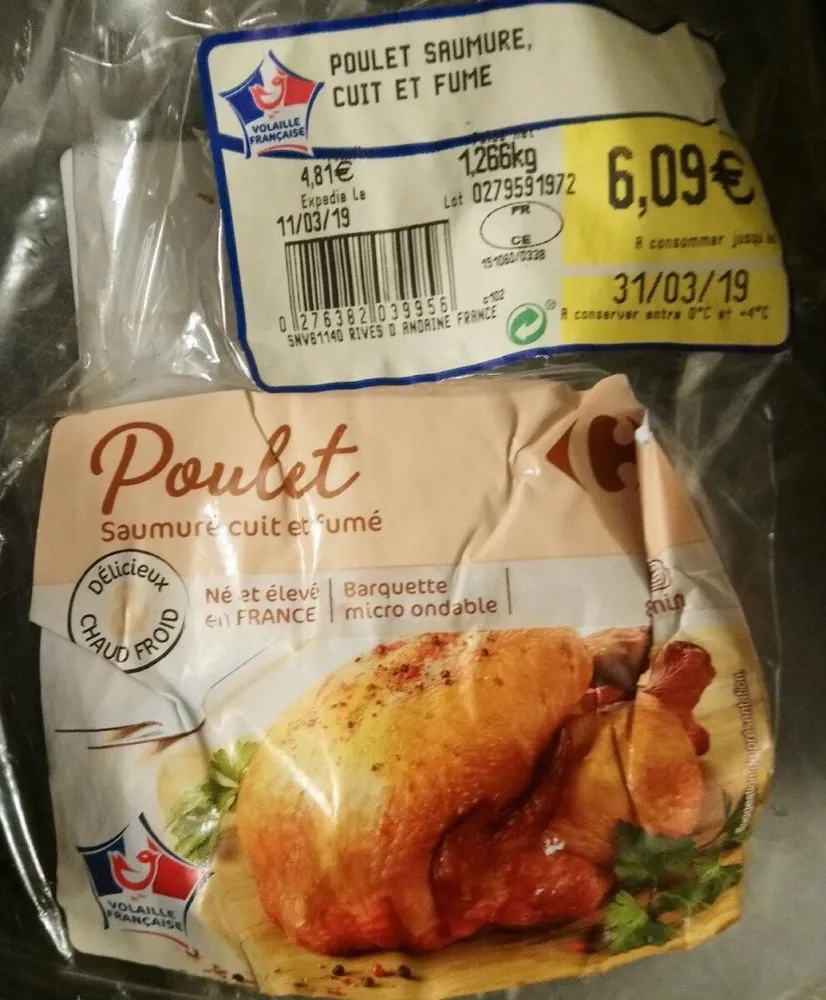 Poulet saumuré, cuit et fumé