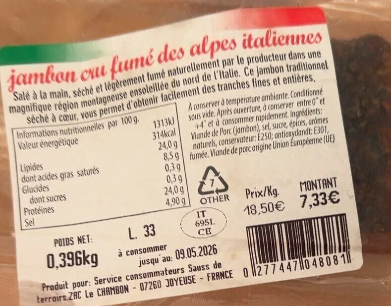 Jambon cru fume des alpes italiennes