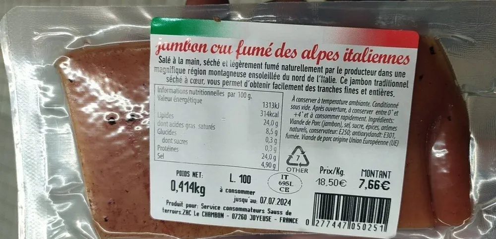 Jambon cru fumé des Alpes italiennes