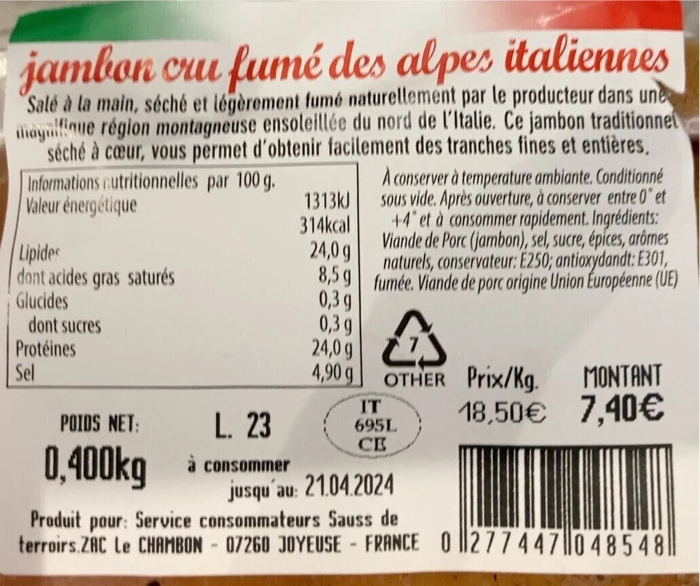 Jambon cru fumé des Alpes Italiennes