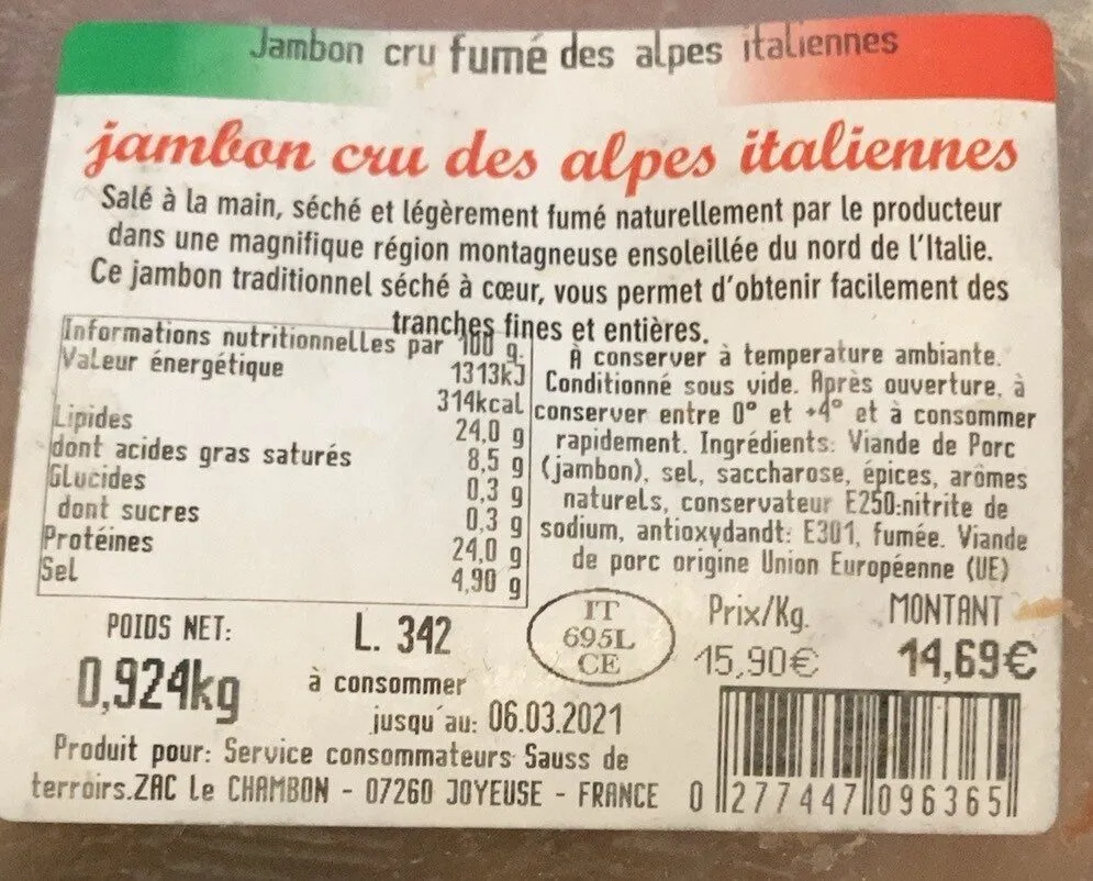 Jambon cru des alpes italiennes