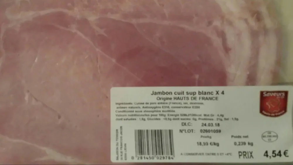 Jambon cuit supérieur blanc