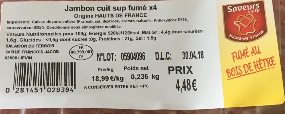 Jambon cuit sup fume x4