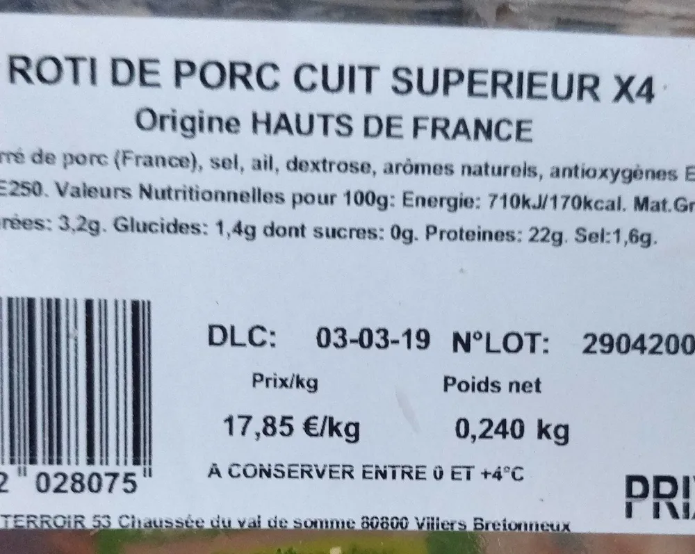 Rôti de porc cuit supérieur