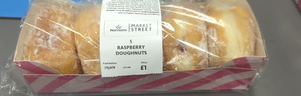 0 BO MARKET Morrisons 5 STREET RASPBERRY DOUGHNUTS