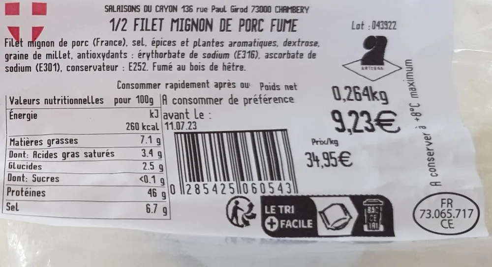 1/2 filet mignon de porc fume