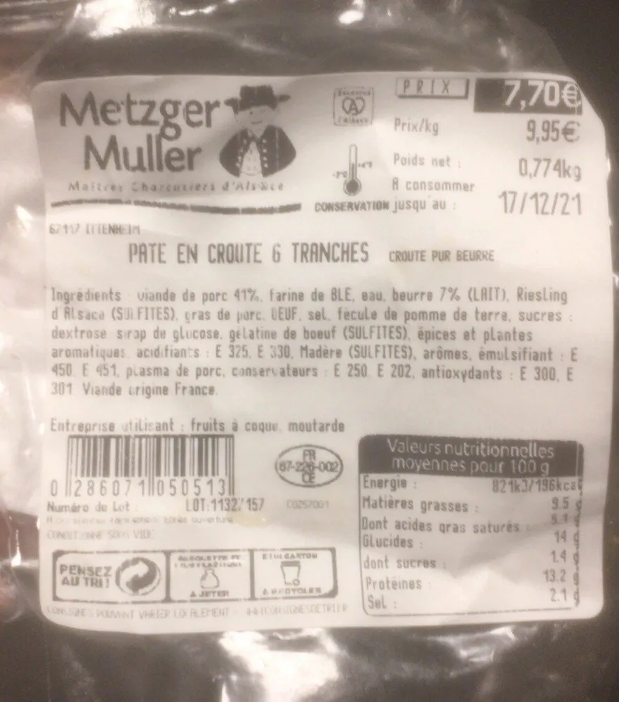 Pate en croute 6 Tranches croute put beurre