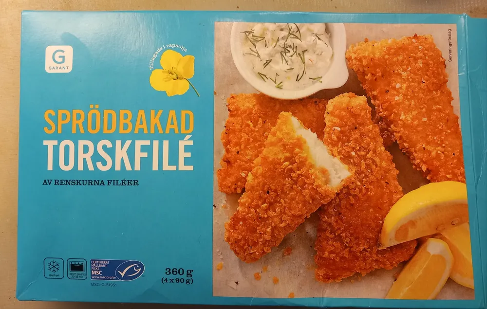 Sprödbakad torskfilé av renskurna filéer