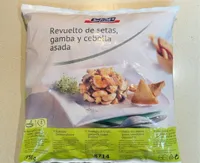 Revuelto de setas, gambas y cebolla asada
