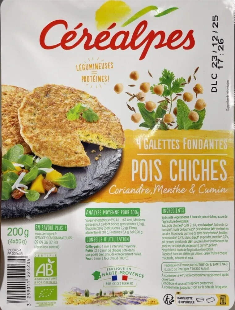 4 galettes fondantes pois chiches coriandre, menthe et cumin