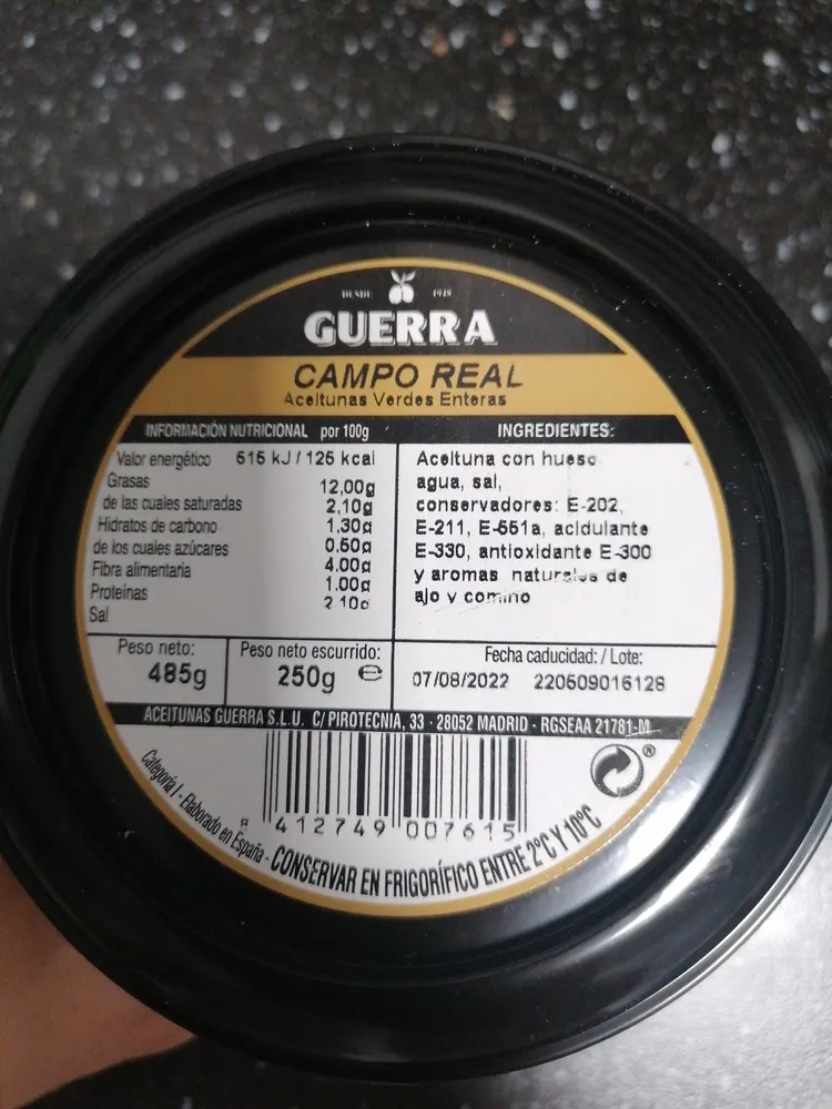 Aceitunas verdes enteras Campo Real