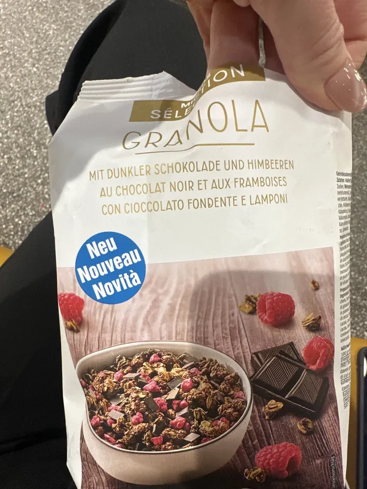 granola mit dunkler schoki und hilbeeren