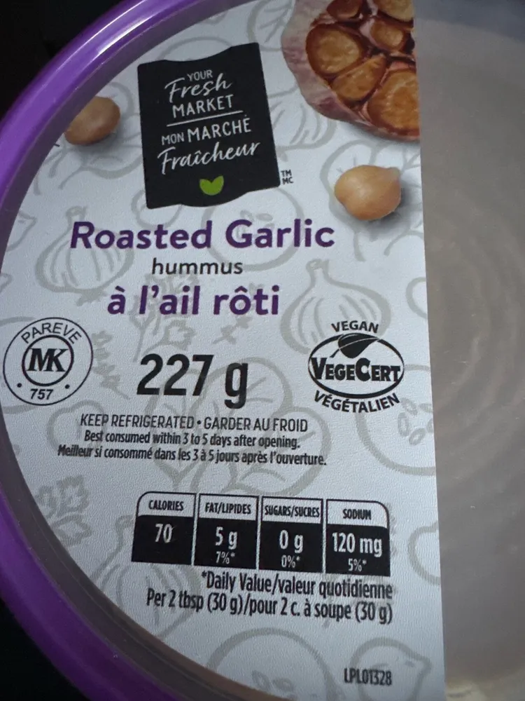 Roasted Garlic Hummus, YFMkt.