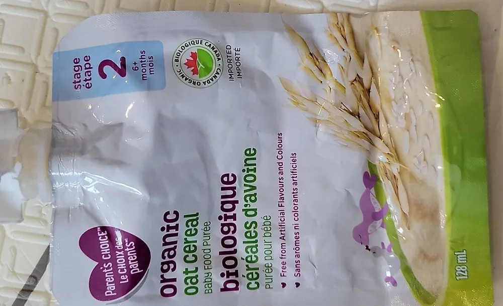 Organic oat cereal baby food puree