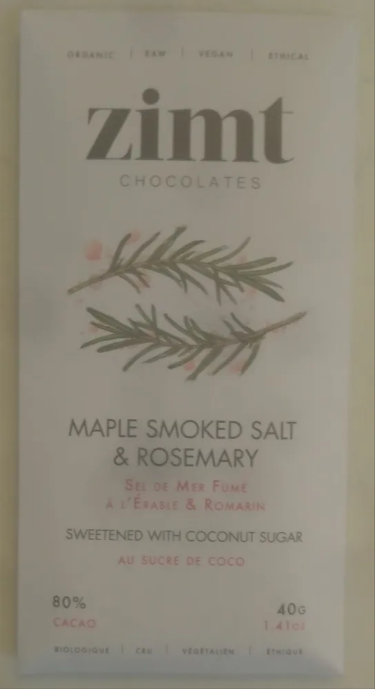 80% Cacao Maple Smoked Salt & Rosemary Dark Chocolate Bar Sweetened with Coconut Sugar