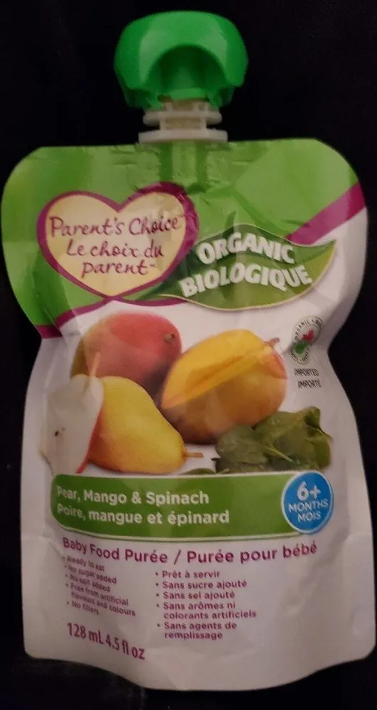 Purée pour bébé poire mangue et épinard