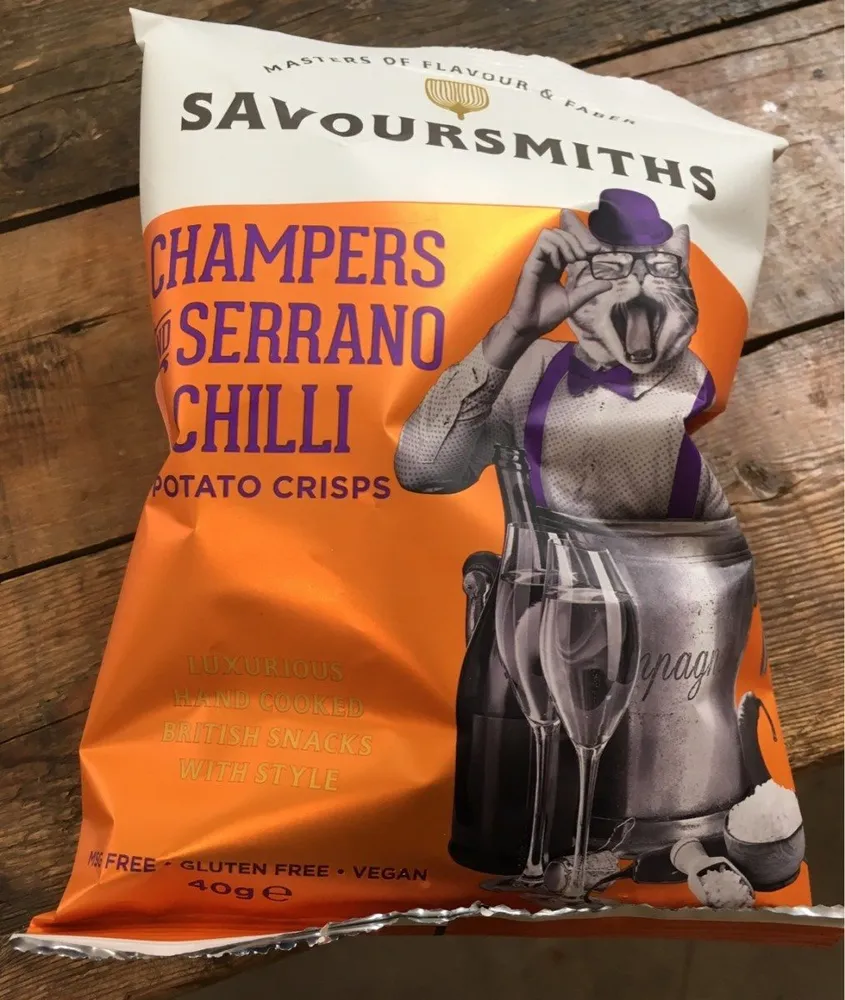 Champers and serrano chili potato crisps