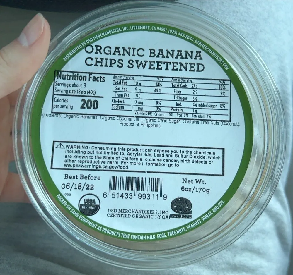 Organic banana chips sweetened