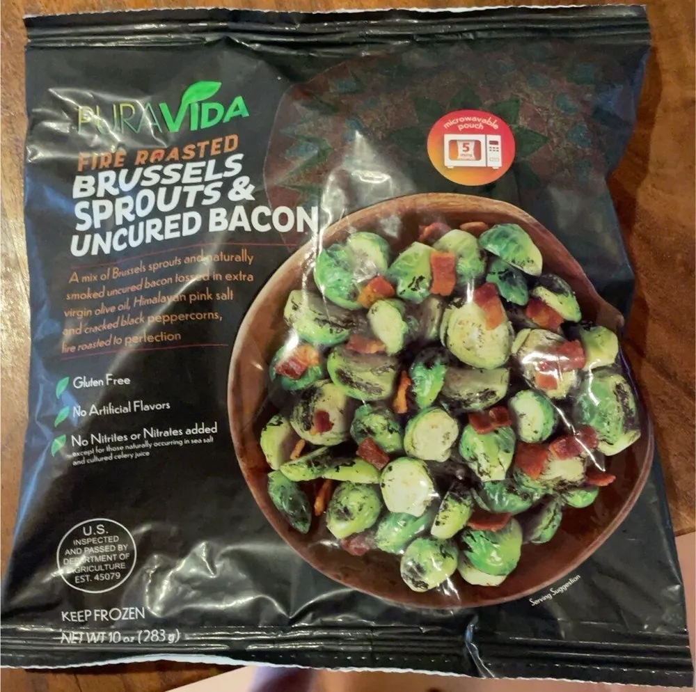 Fire roasted brussels sprouts and uncured bacon
