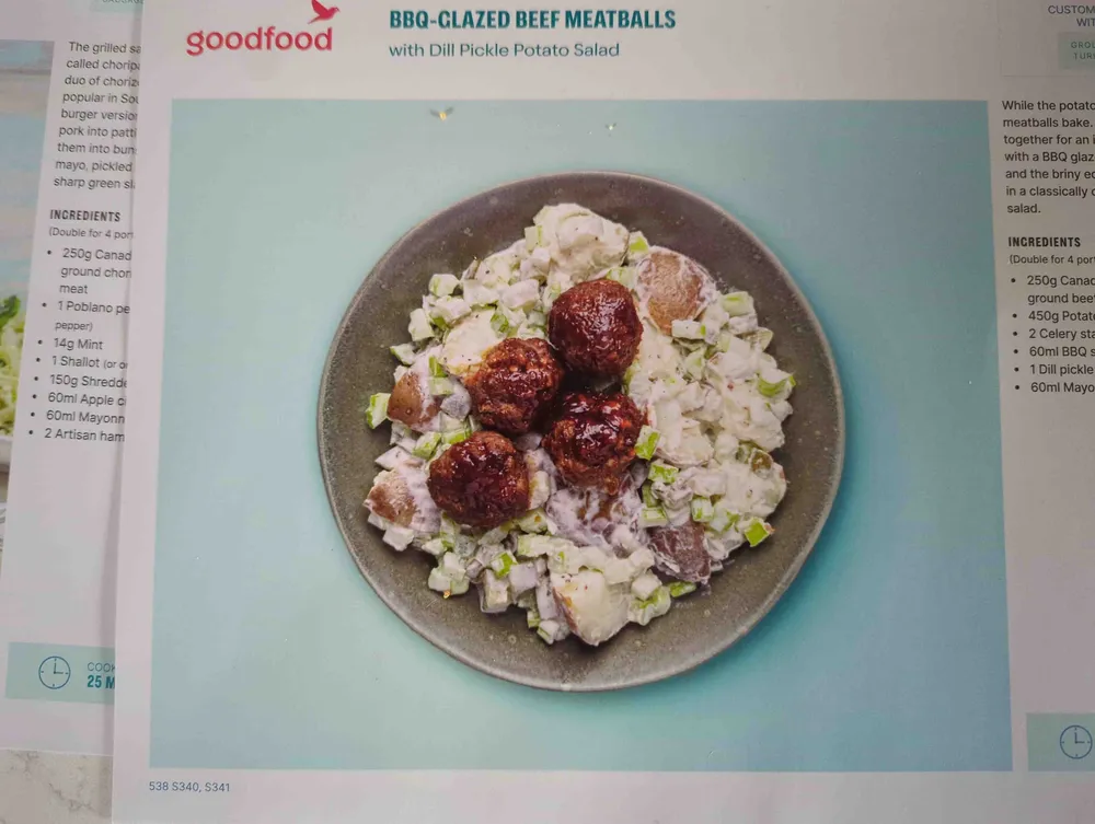 BBQ Glazed Meatballs with Dill Pickle Potato Salad
