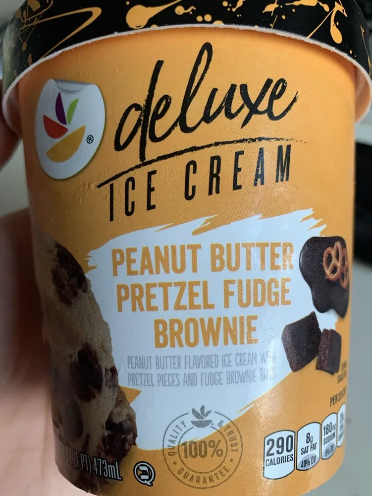 Deluxe ice cream peanut butter pretzel fudge brownie