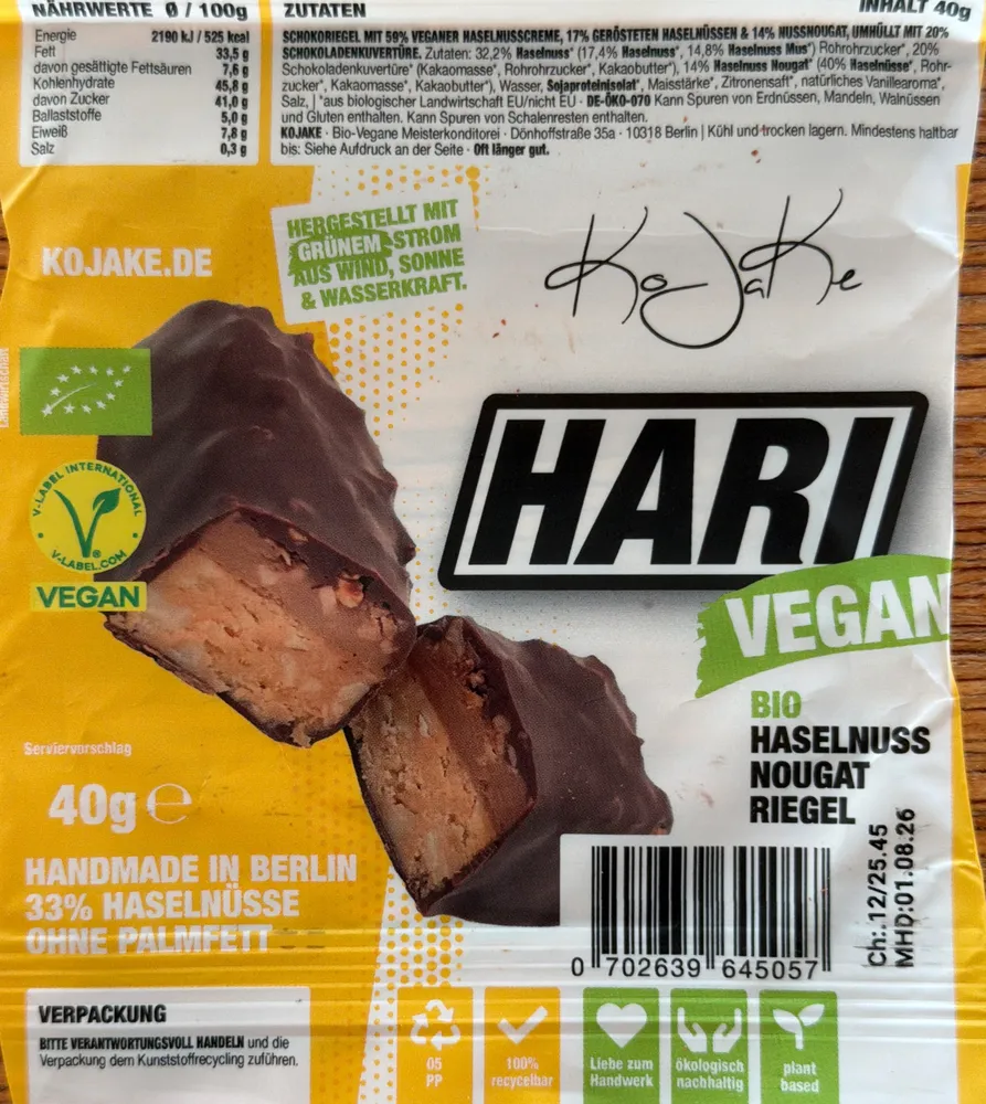 Hari Vegan Bio Haselnuss Nougat Riegel