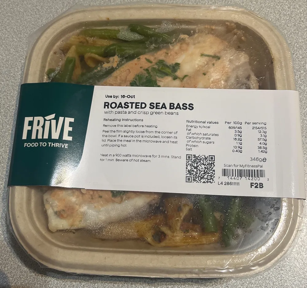 Roasted Sea Bass with pasta and crisp green beans