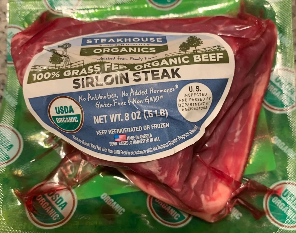 100% grass fed organic beef sirloin steak