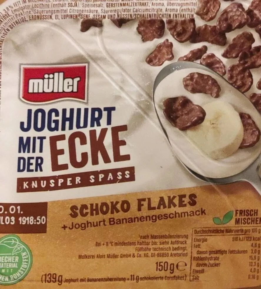 Joghurt mit der Ecke Schoko Flakes