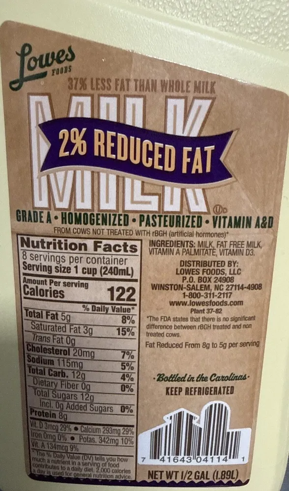 2% Reduced Fat Milk