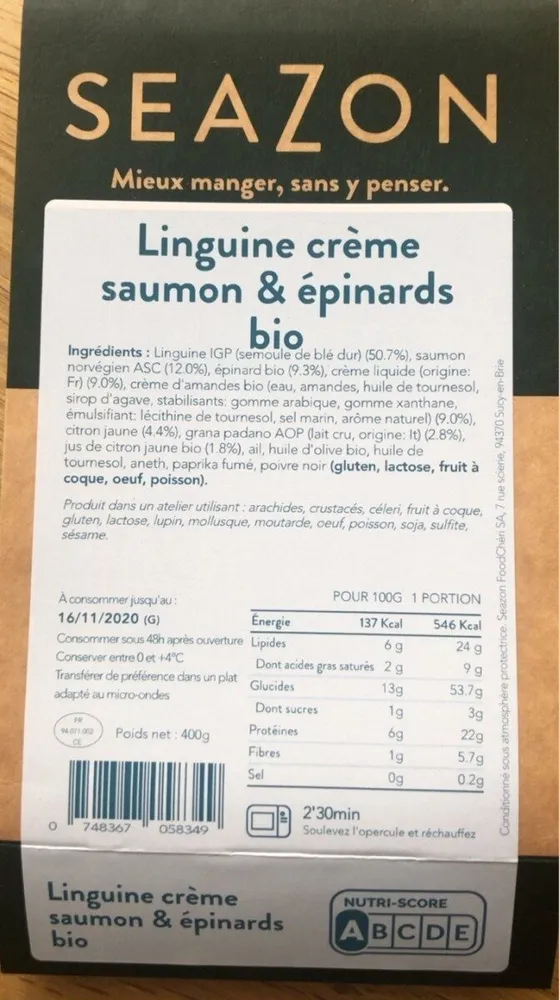 Linguine crème saumon et épinard bio