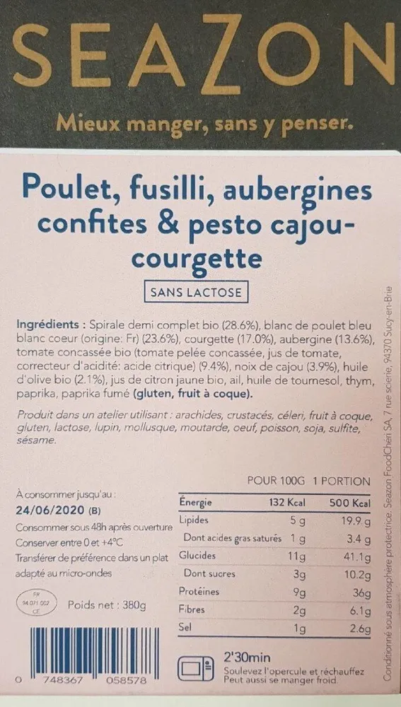 Poulet, fusilli, aubergines confites & pesto cajou-courgette