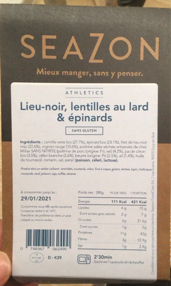 Lieu-noir, lentilles au lard & epinards