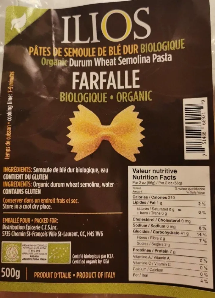 Pâtes de semoule de blé dur biologique Farfalle biologique