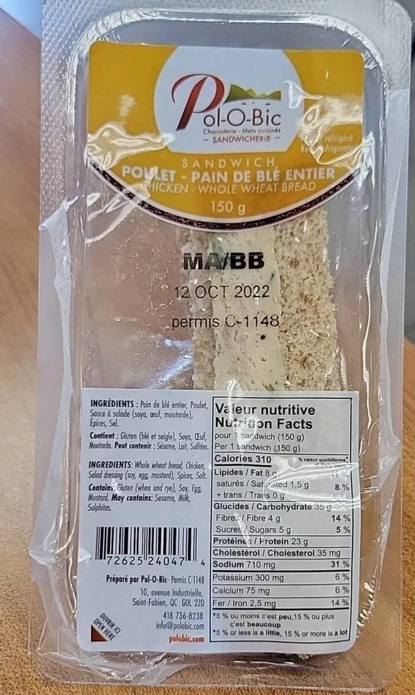 Sandwich poulet - pain de blé entier