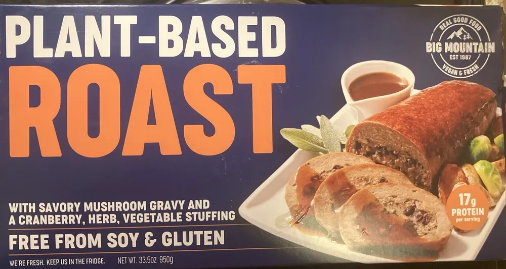 Plant-Based Roast & Gravy with savoury mushroom gravy and a cranberry, herb, vegetable stuffing