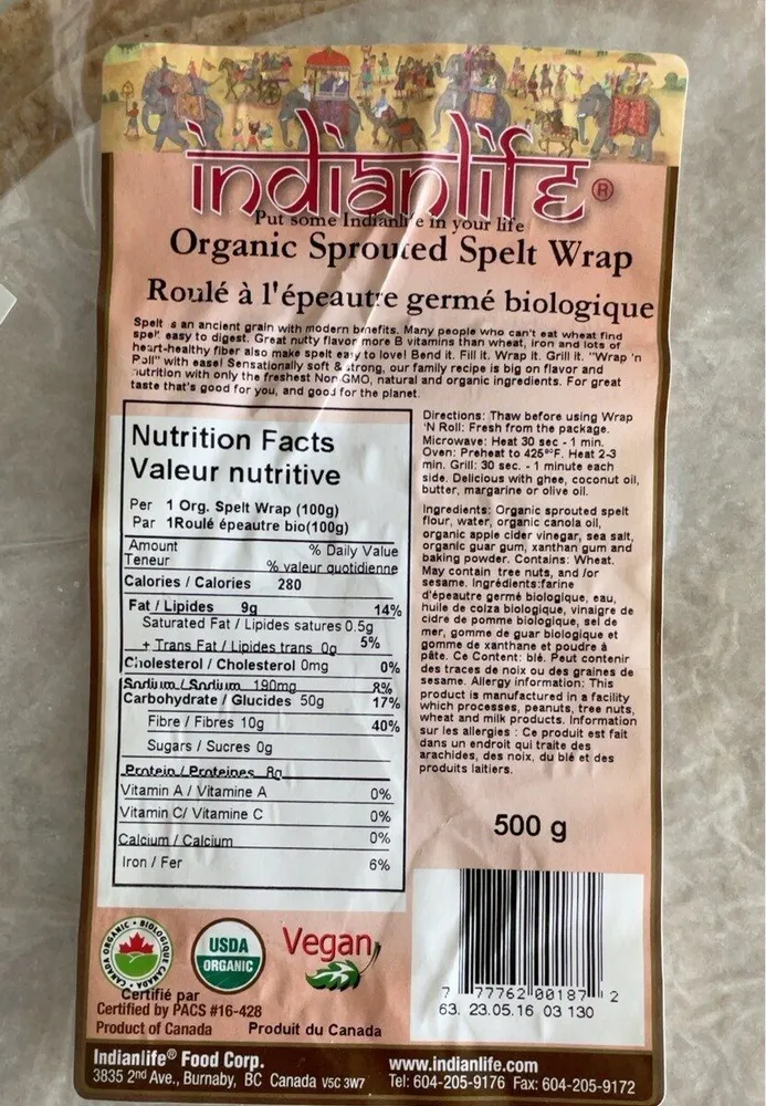 Organic sprouted spelt wrap