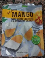 Half dipped mango with chocolate and  sprinkle of coconut